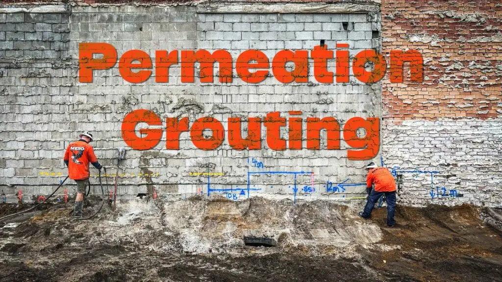 Permeation grouting process by MESO Solutions, featuring workers injecting grout into the soil to fill voids and strengthen the ground, enhancing the stability and integrity of the foundation for the project.