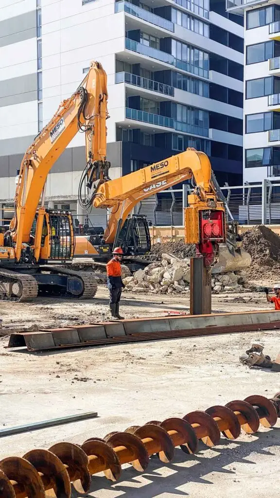 Completion of driving the 13-metre sheet pile into the ground at the Zetland site by MESO Solutions.