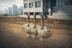 Semi-3D cross-sectional engineering illustration showing permeation grouting beneath an existing urban building, with injection tubes penetrating layered soil and grout permeating sand and fill layers below structural footings.