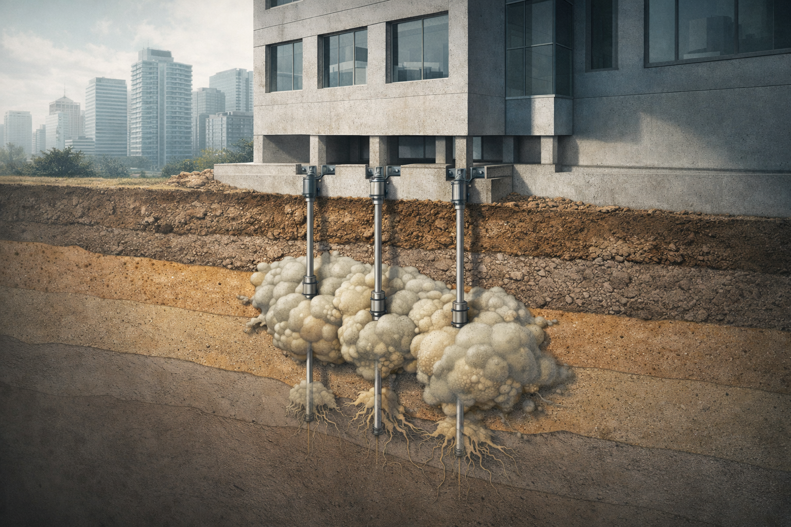 Semi-3D cross-sectional engineering illustration showing permeation grouting beneath an existing urban building, with injection tubes penetrating layered soil and grout permeating sand and fill layers below structural footings.
