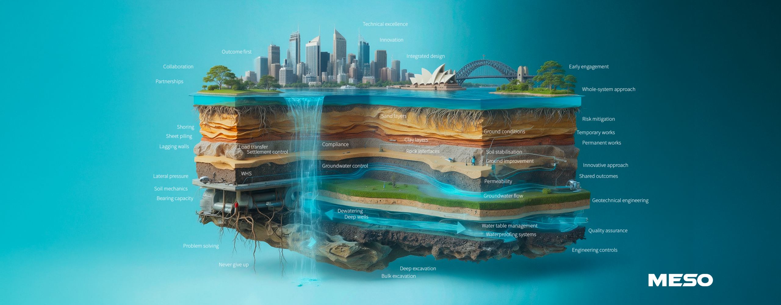 Cross-section illustration showing an urban construction site with layered ground conditions, groundwater flow, dewatering systems, shoring, soil stabilisation, and integrated groundworks beneath a city skyline.