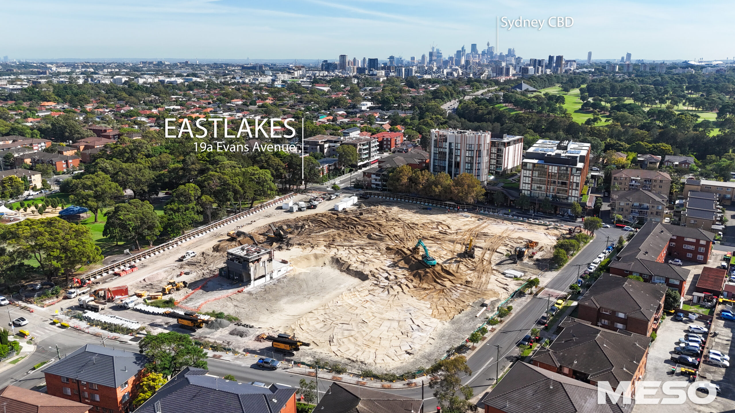 Aerial view of Builtcom construction project at 19a Evans Ave Eastlakes with excavators on site.
