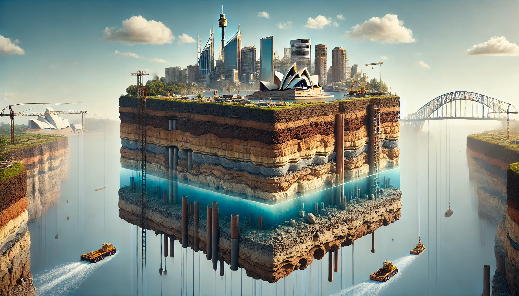 Deep excavation site with engineered shoring walls, anchors and soil layers supporting adjacent buildings in Sydney