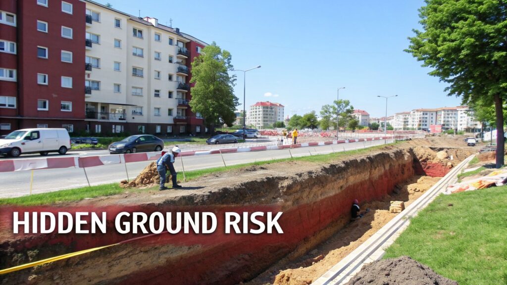Construction excavation with safety controls, retaining systems and monitored ground movement