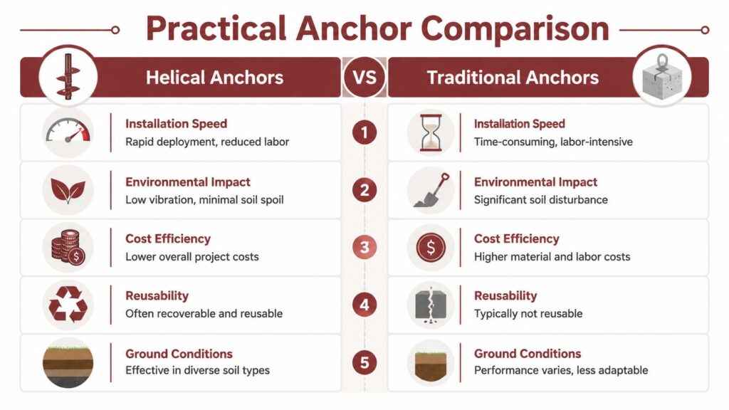 Comparison infographic showing helical anchors versus traditional anchors, highlighting advantages in installation speed, environmental impact, cost efficiency, reusability and performance across different ground conditions.