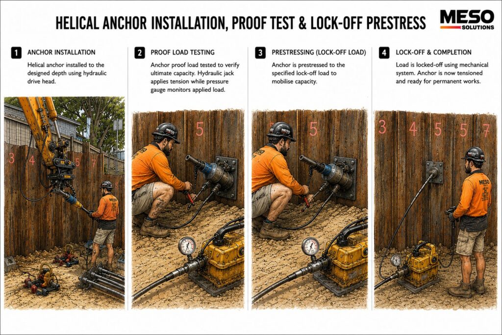Step-by-step infographic showing helical anchor installation, proof load testing, lock-off prestressing and final tensioning for sheet pile retention and excavation support systems.