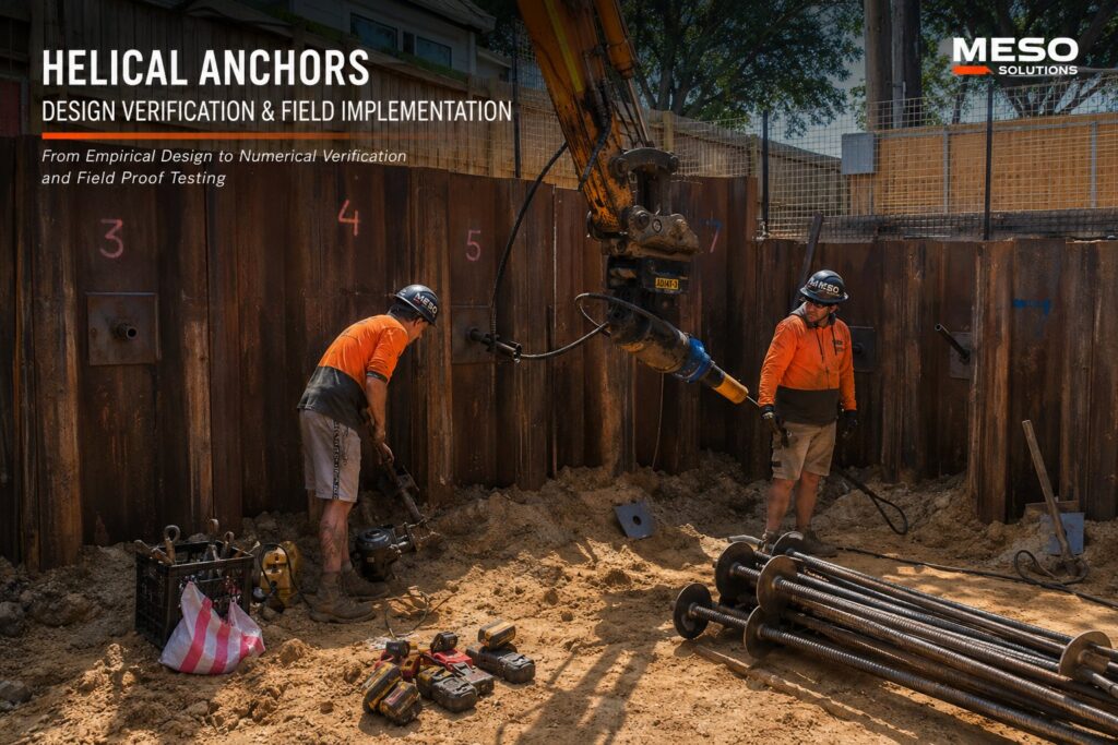 Construction workers installing helical anchors behind sheet pile walls for deep excavation support in Sydney