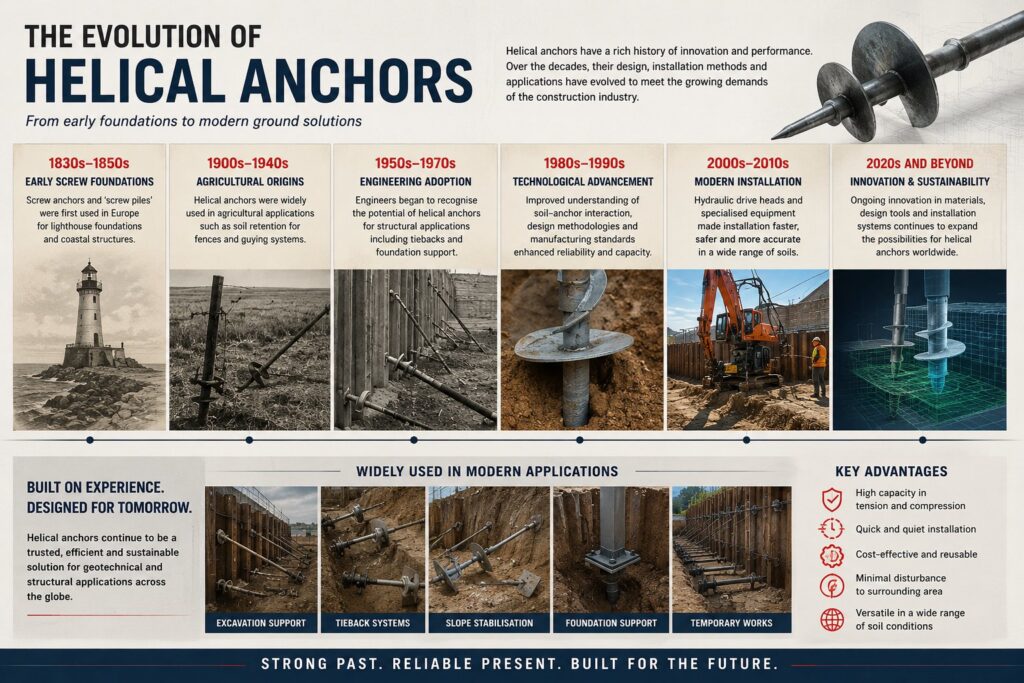 Timeline infographic showing the evolution of helical anchors from early screw foundations in the 1830s to modern helical anchor systems used for sheet pile retention, excavation support, slope stabilisation and foundation support.